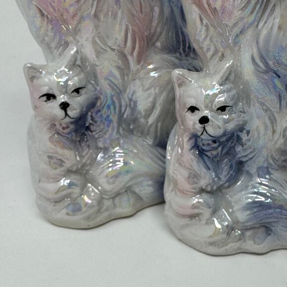 Vintage Pearl Lustreware Porcelain Pink & Blue Cat with Kitten Statue Set of 2 - Picture 6 of 9